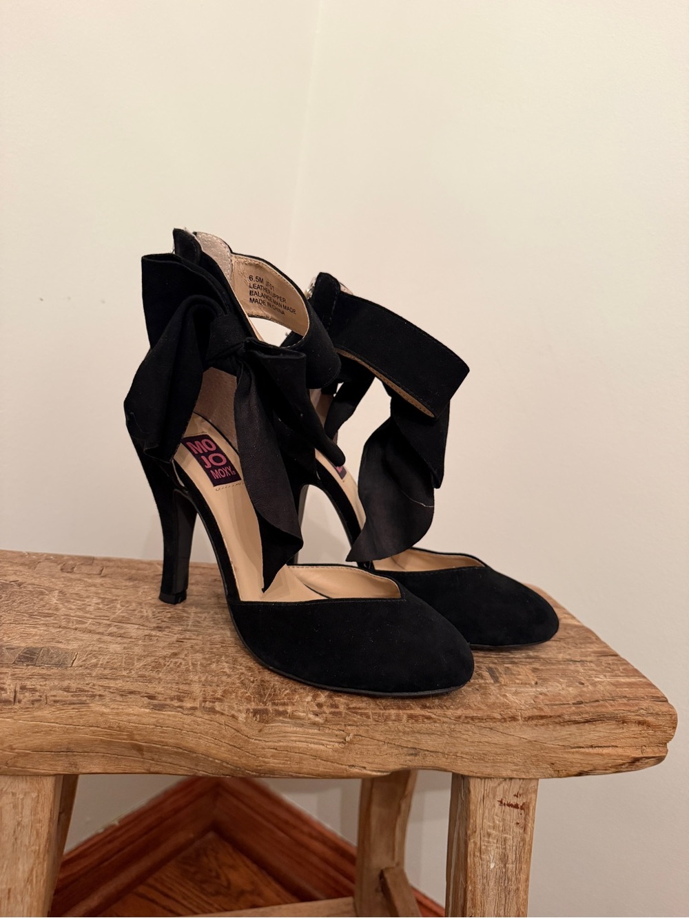 Mojo Moxy Black Suede Bow Ankle Tie Heels
